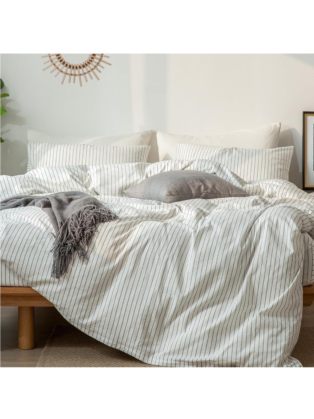 NEW MooMee Striped Duvet Cover Set 100% Washed Cotton Linen Like Texture